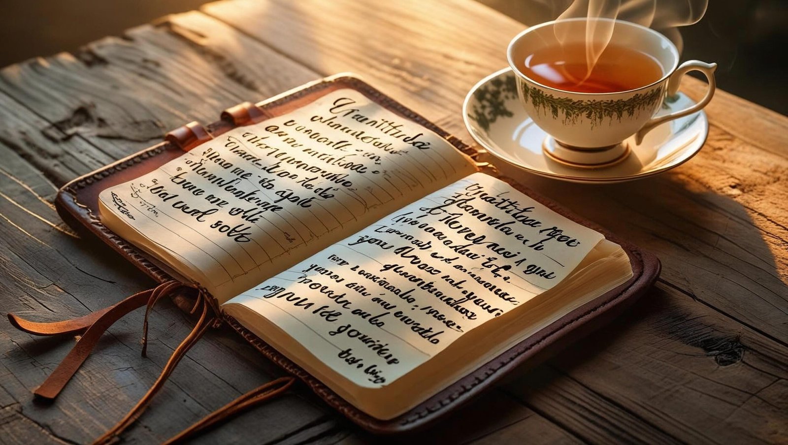 Gratitude journal and morning tea symbolizing daily appreciation.