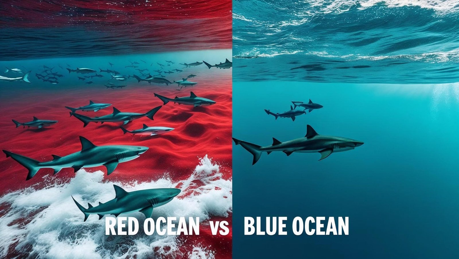 Comparison of red ocean vs blue ocean business strategy
