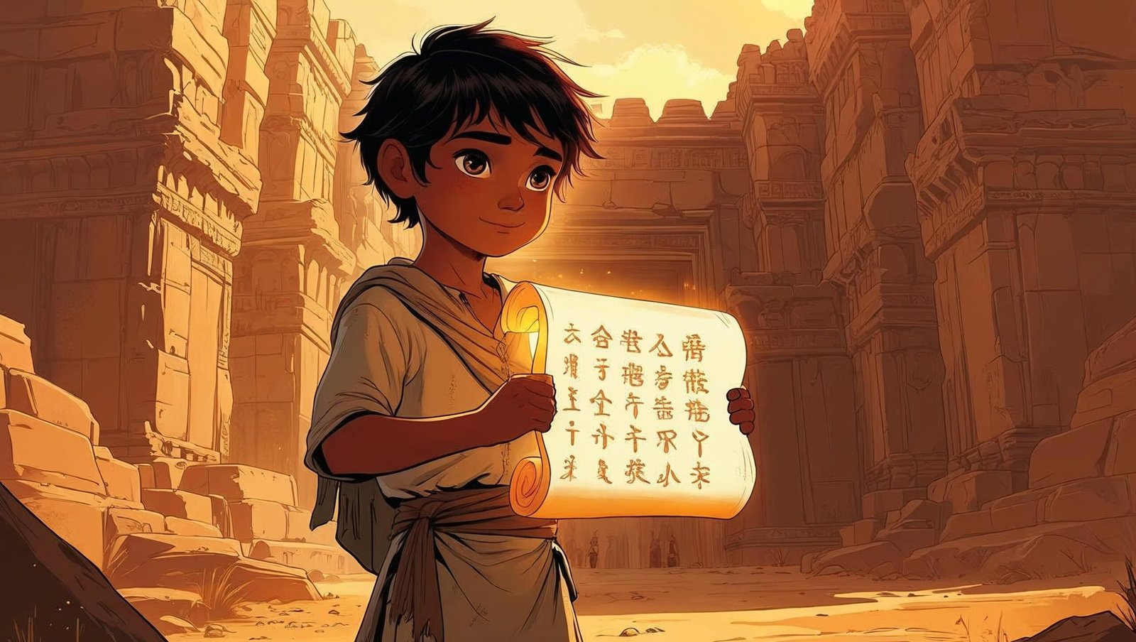 Camel boy with scroll facing palace inspired by The Greatest Salesman in the World