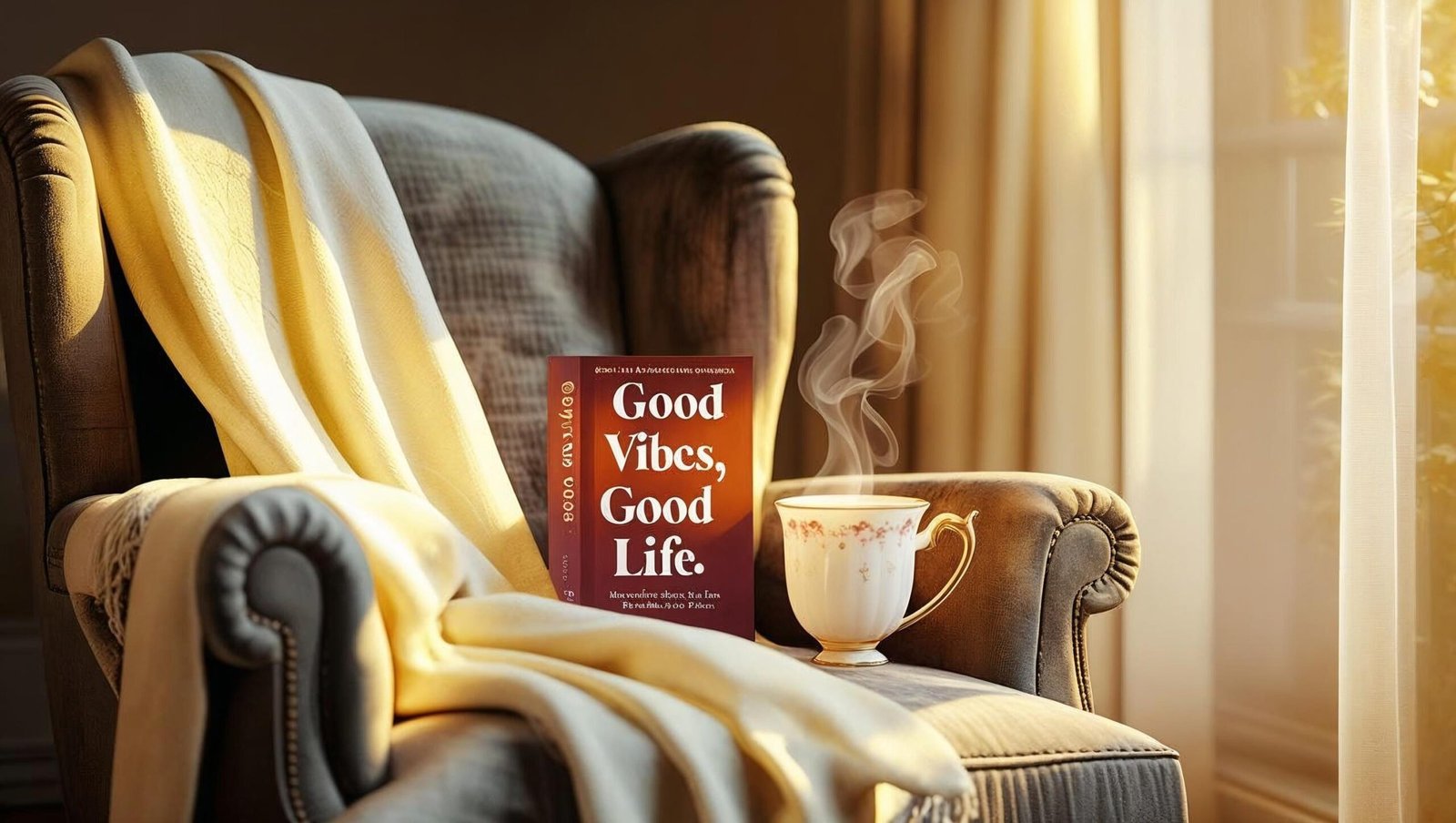 Reading Good Vibes Good Life in a peaceful morning setting