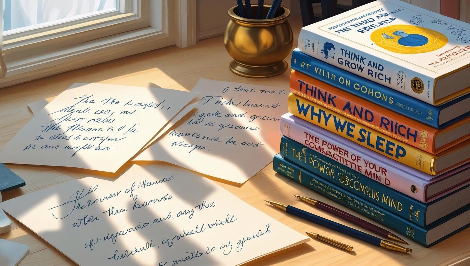 Stack of personal development books with review notes