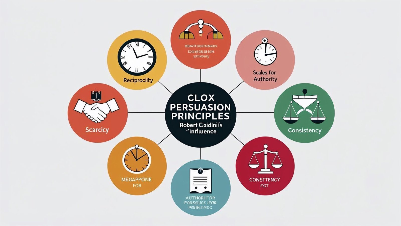 An illustrated mind-map style graphic showing six persuasion principles from Influence by Robert Beno Cialdini with icons like handshake, clock, megaphone, and scales in a clean, infographic format