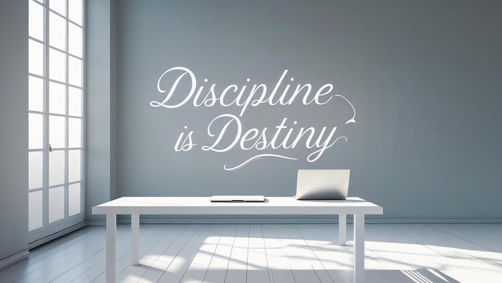Minimalist workspace reflecting Discipline Is Destiny principles