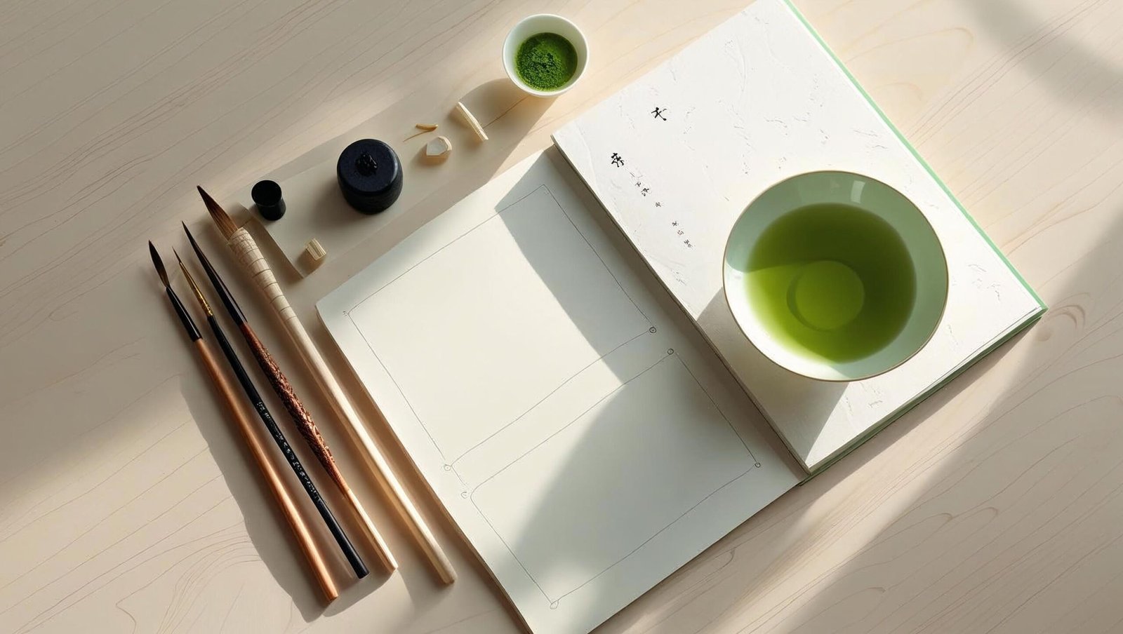 Ikigai book review with Japanese calligraphy and mindful workspace