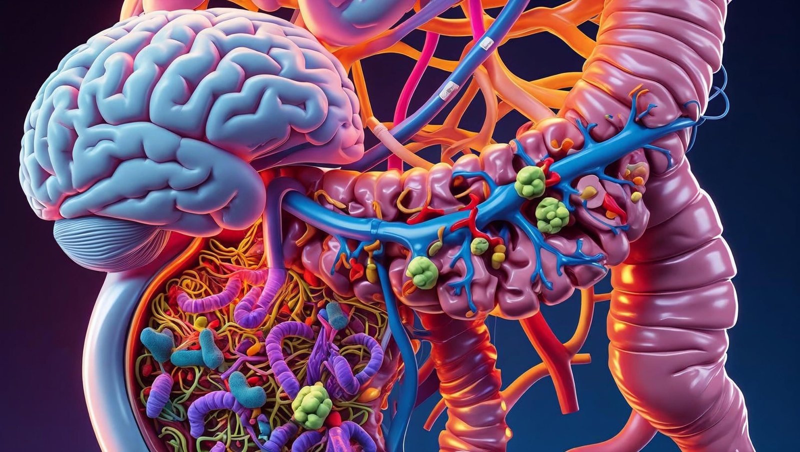 3D diagram showing brain and gut connection via vagus nerve.