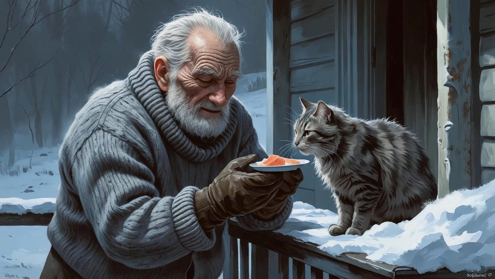 Ove feeding a stray cat on a snowy porch in A Man Called Ove