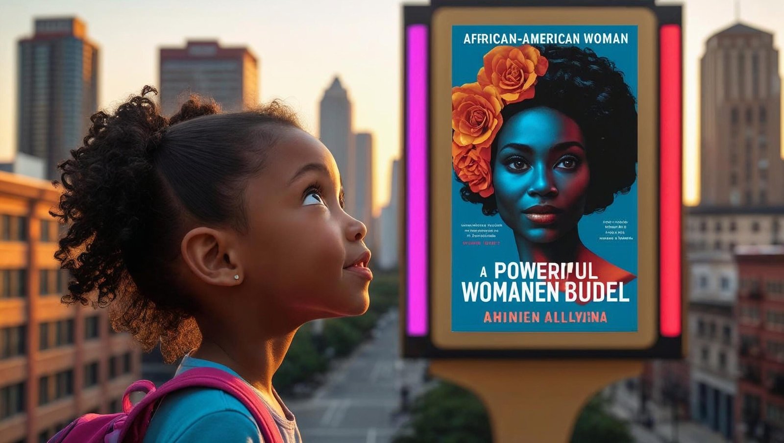 Young girl inspired by Becoming by Michelle Obama billboard