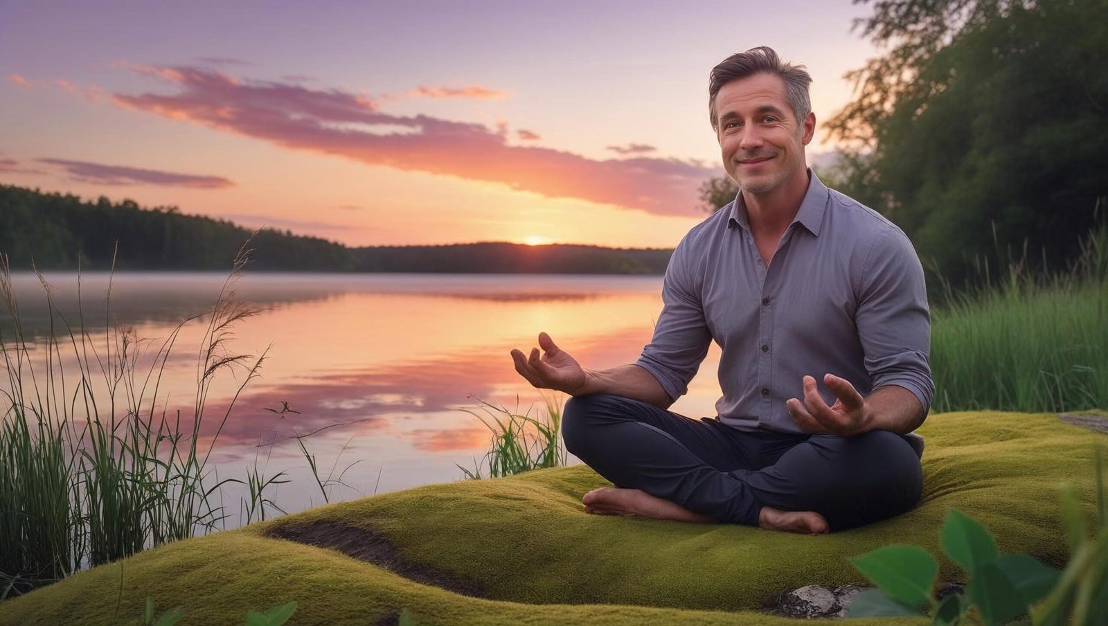 A person meditating by a lake symbolizing living in the present.