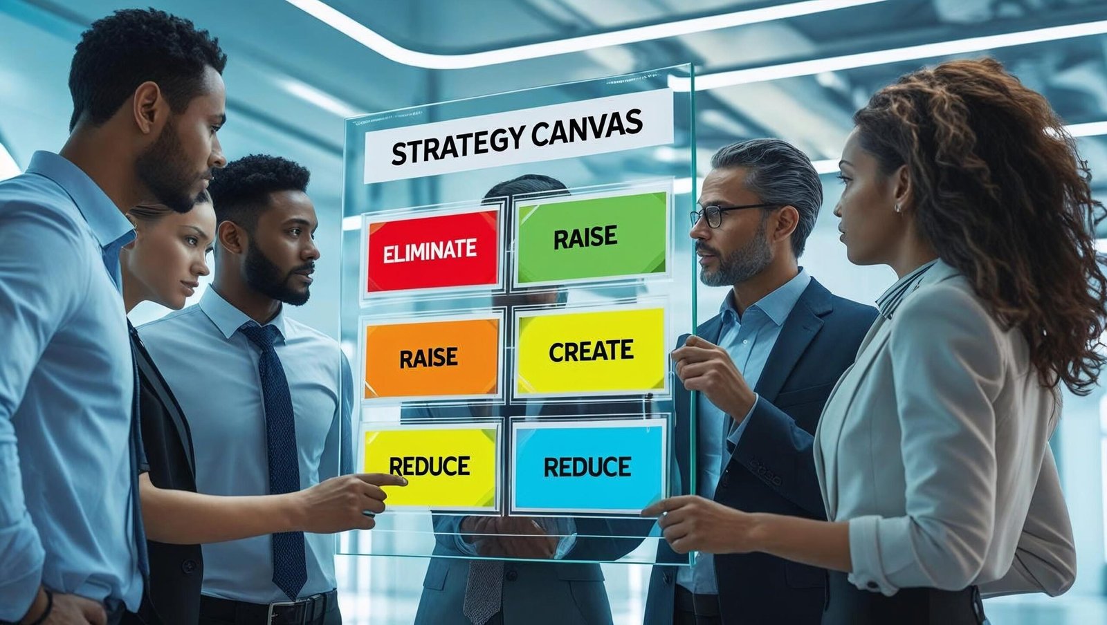 Business professionals working on Blue Ocean Strategy Canvas