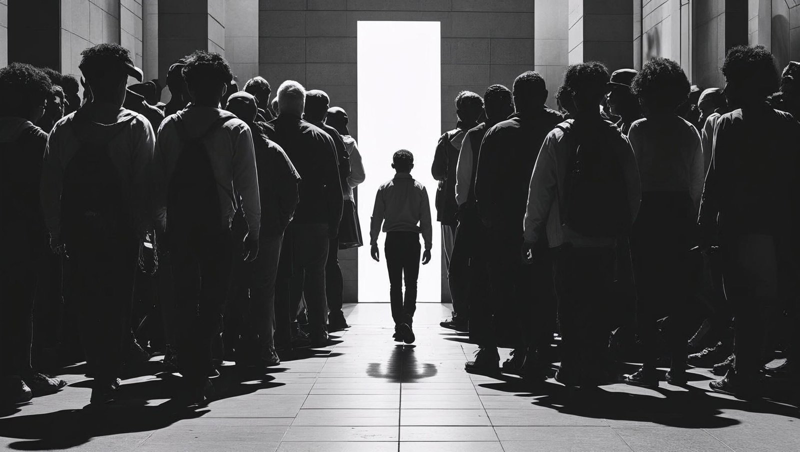 One person walking away from a crowd, symbolizing themes from The Rudest Book Ever