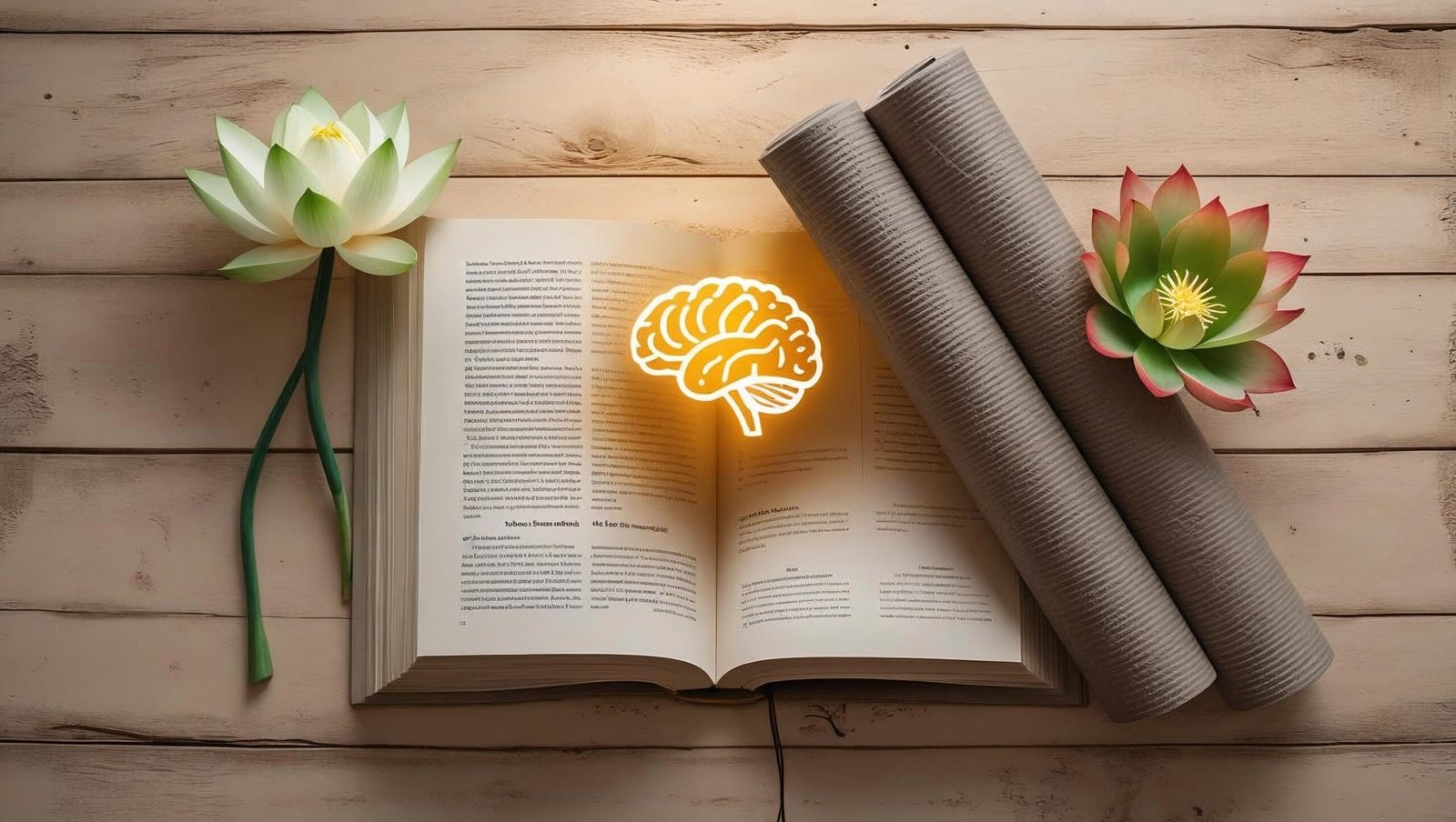 flatlay showing book, brain, heart, lotus, and wellness mat representing blog themes