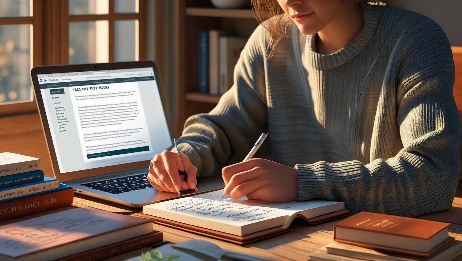 Blogger drafting long-form content on mindset and self-reflection