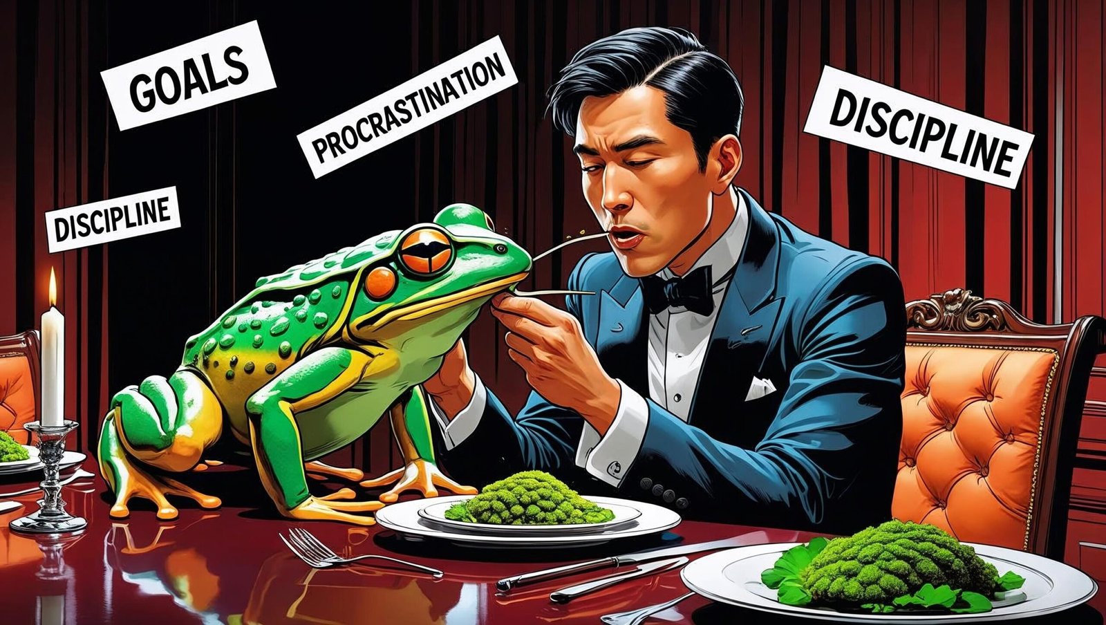 Person confronting a symbolic frog representing goals