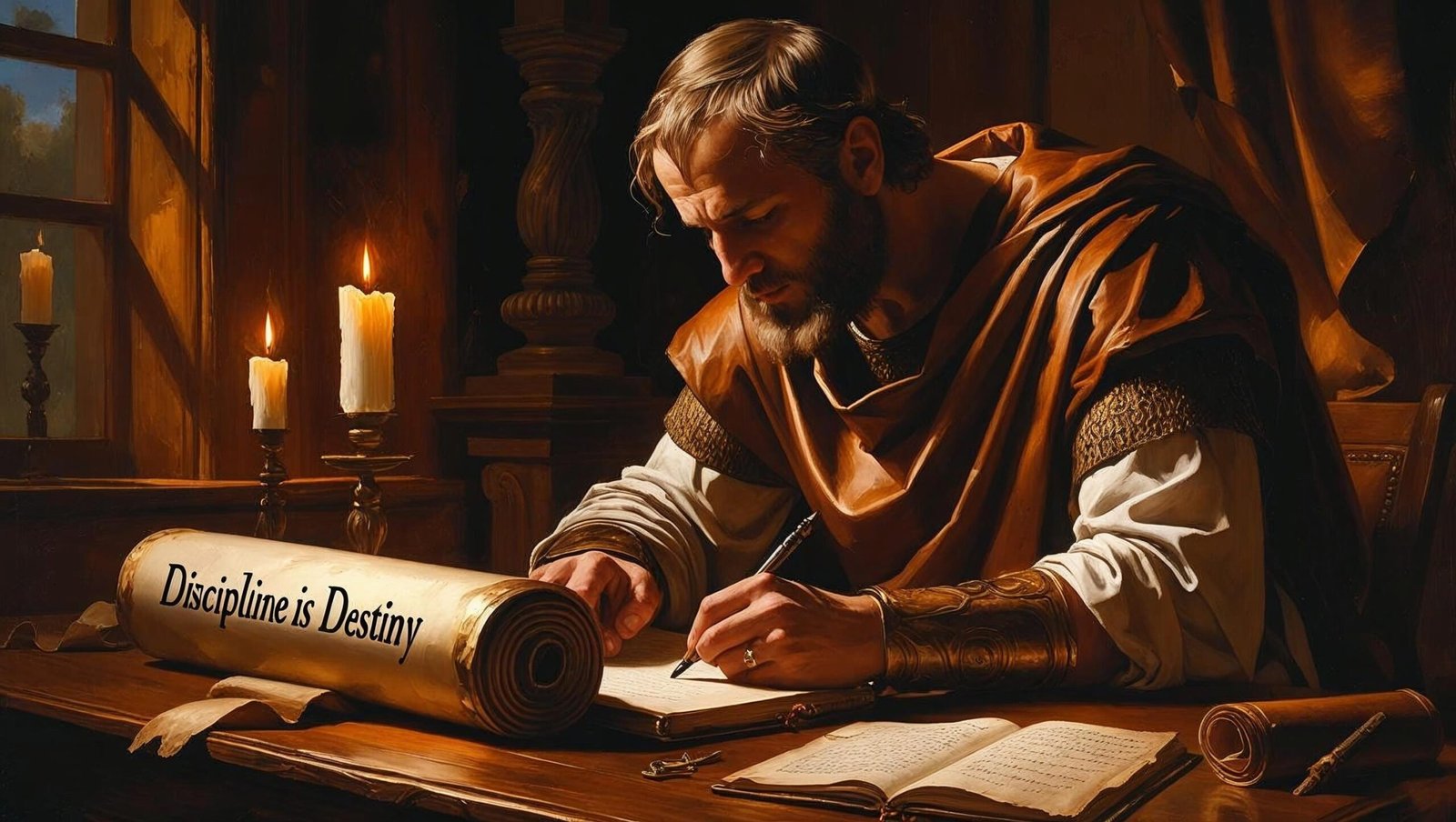 Marcus Aurelius journaling with Discipline Is Destiny scroll