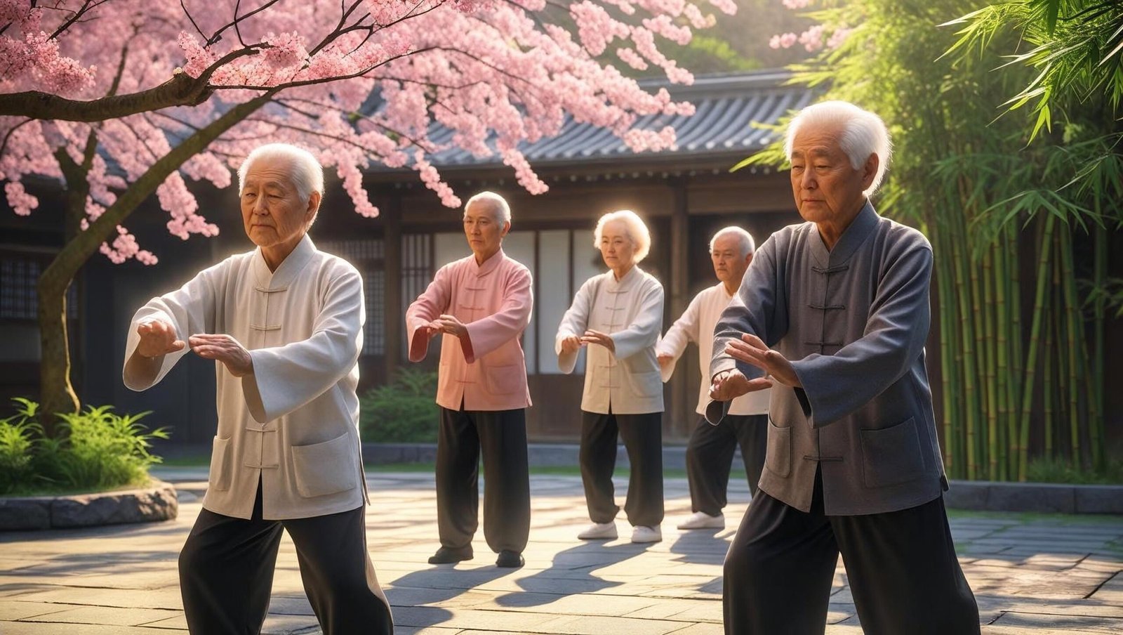Ikigai book review with elderly practicing tai chi outdoors