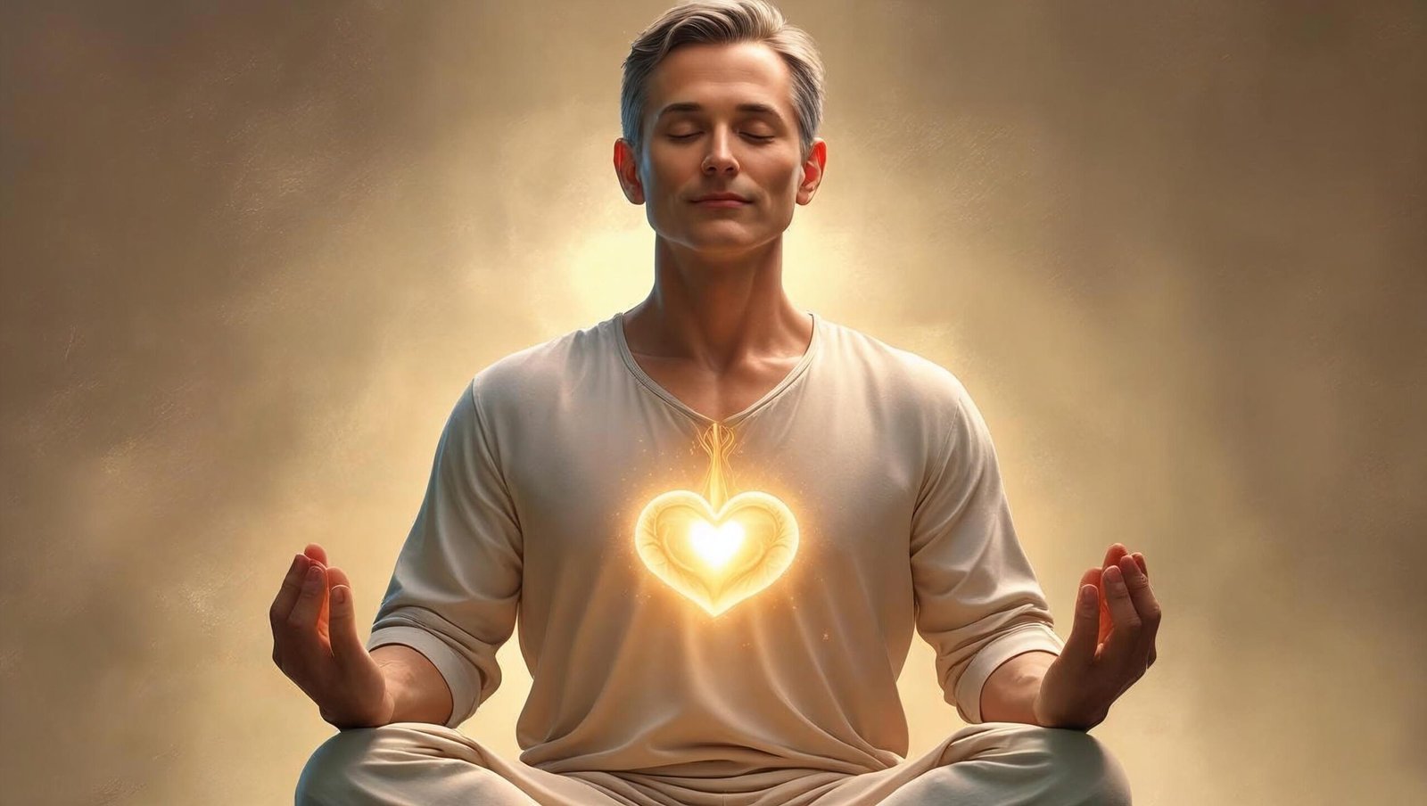 Person meditating with glowing heart center practicing techniques from Becoming Supernatural.
