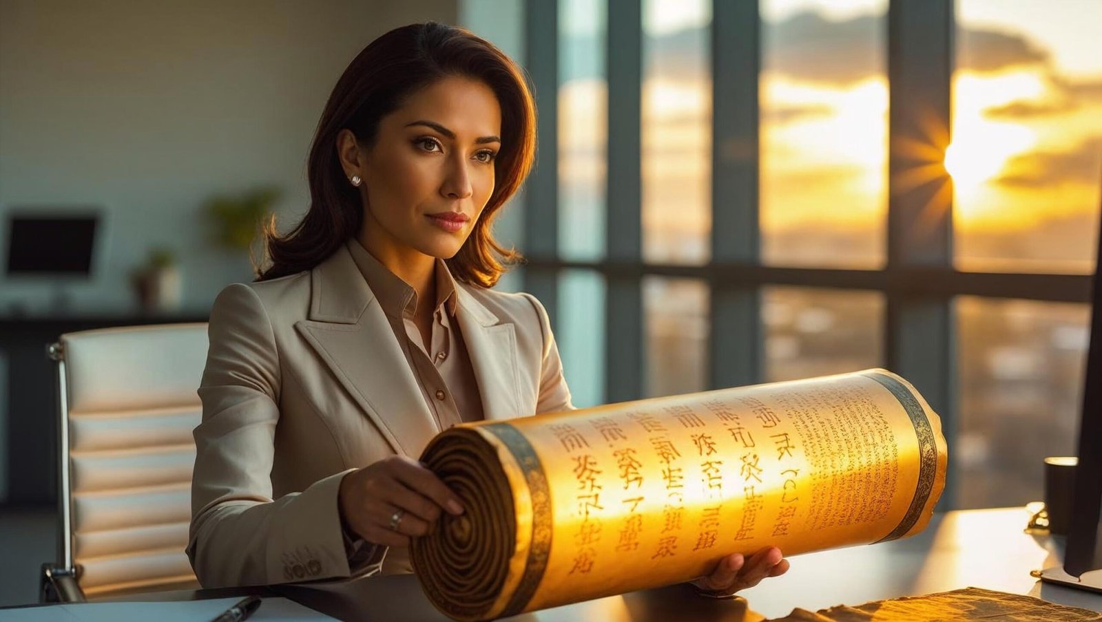Modern businessman inspired by The Greatest Salesman in the World scrolls