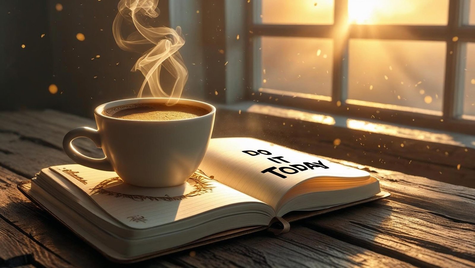 Journal titled Do It Today beside morning coffee