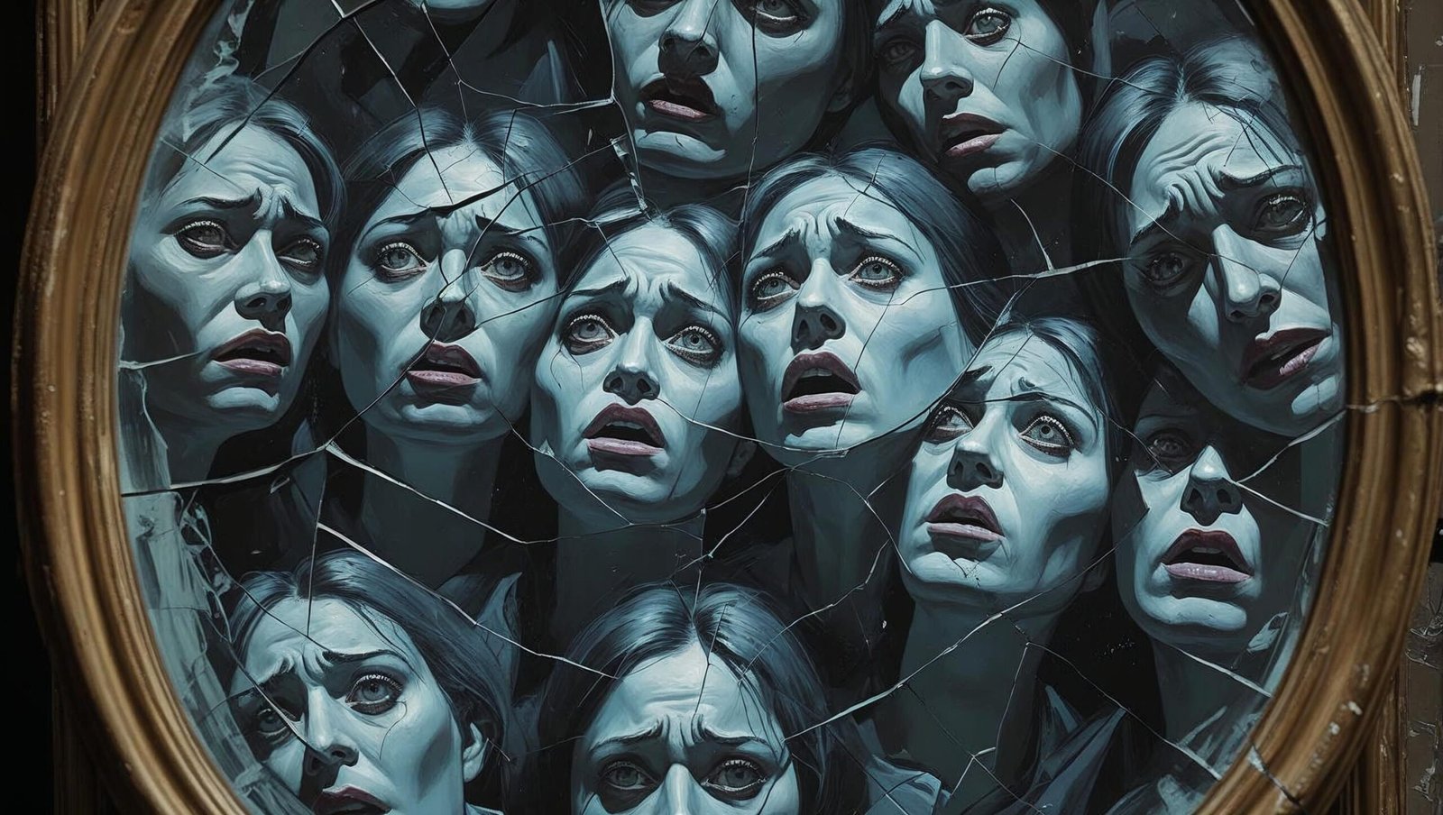Cracked mirror reflecting distorted faces representing identity crisis from The Rudest Book Ever