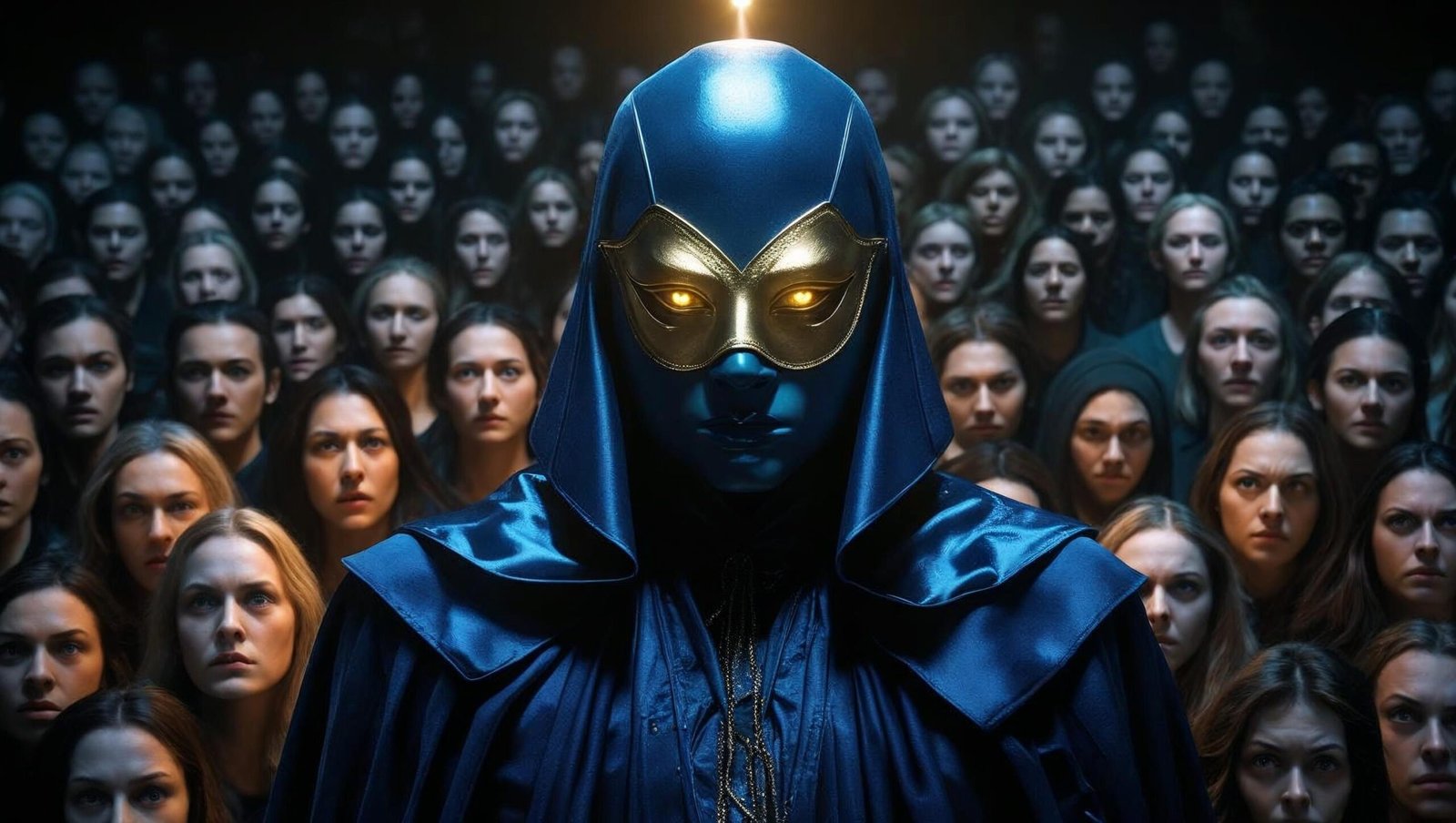 Hypnotic masked figure showing public persuasion in dark psychology