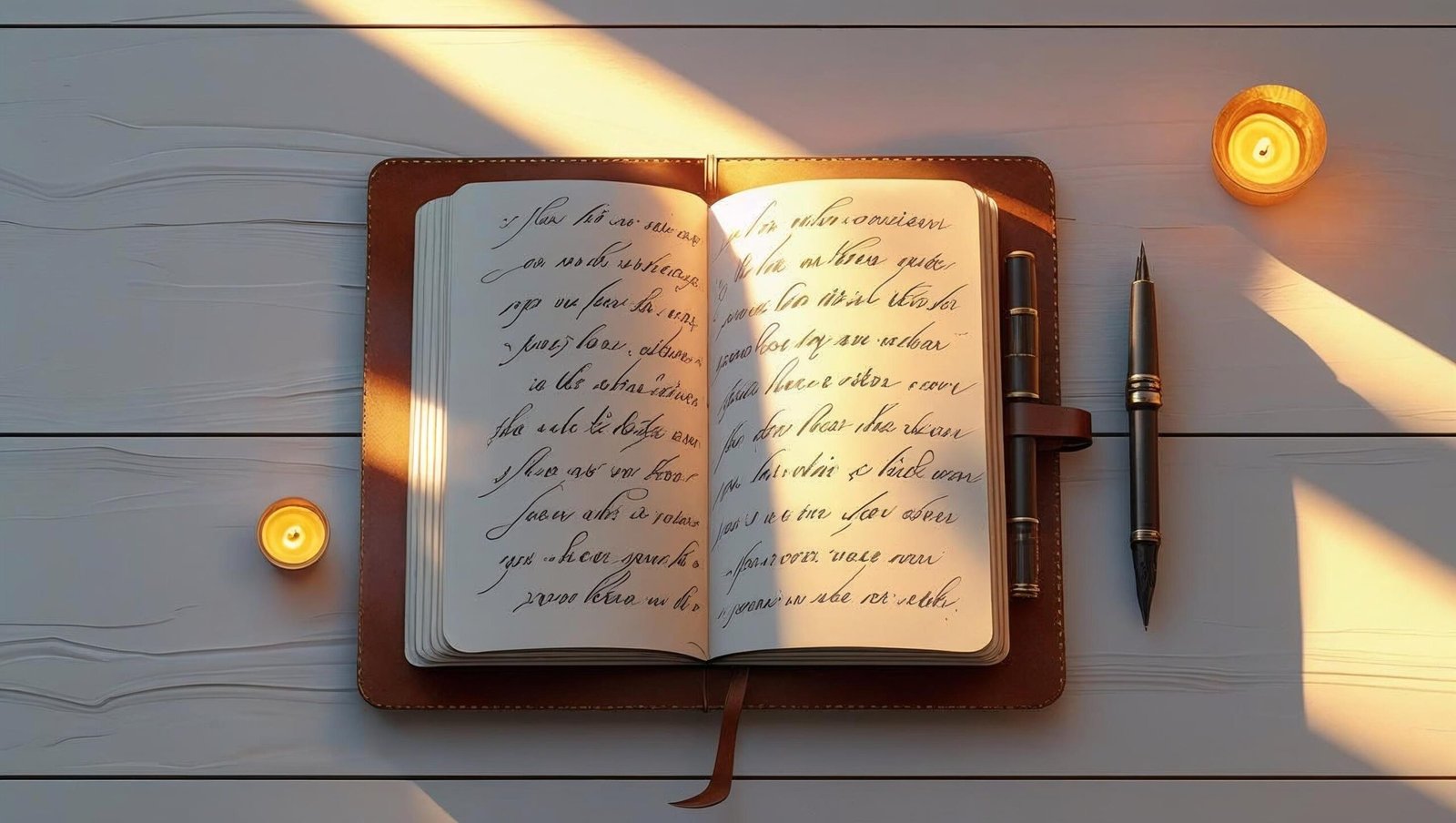 open journal with reflections and candlelight symbolizing thoughtful writing