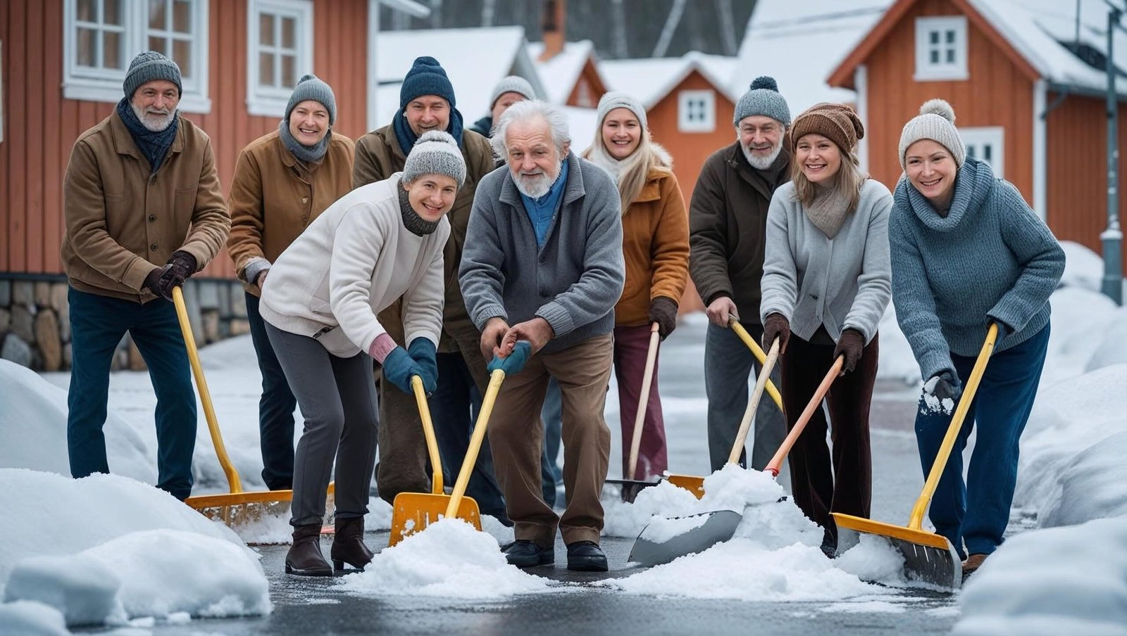 Neighbors and Ove building community in a snowy setting in A Man Called Ove