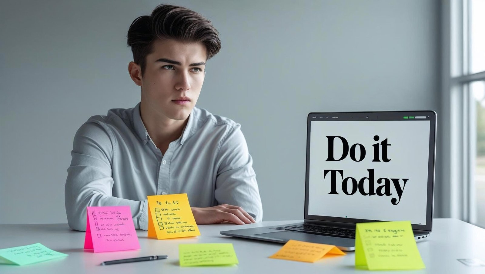 Focused person at desk with Do It Today mantra
