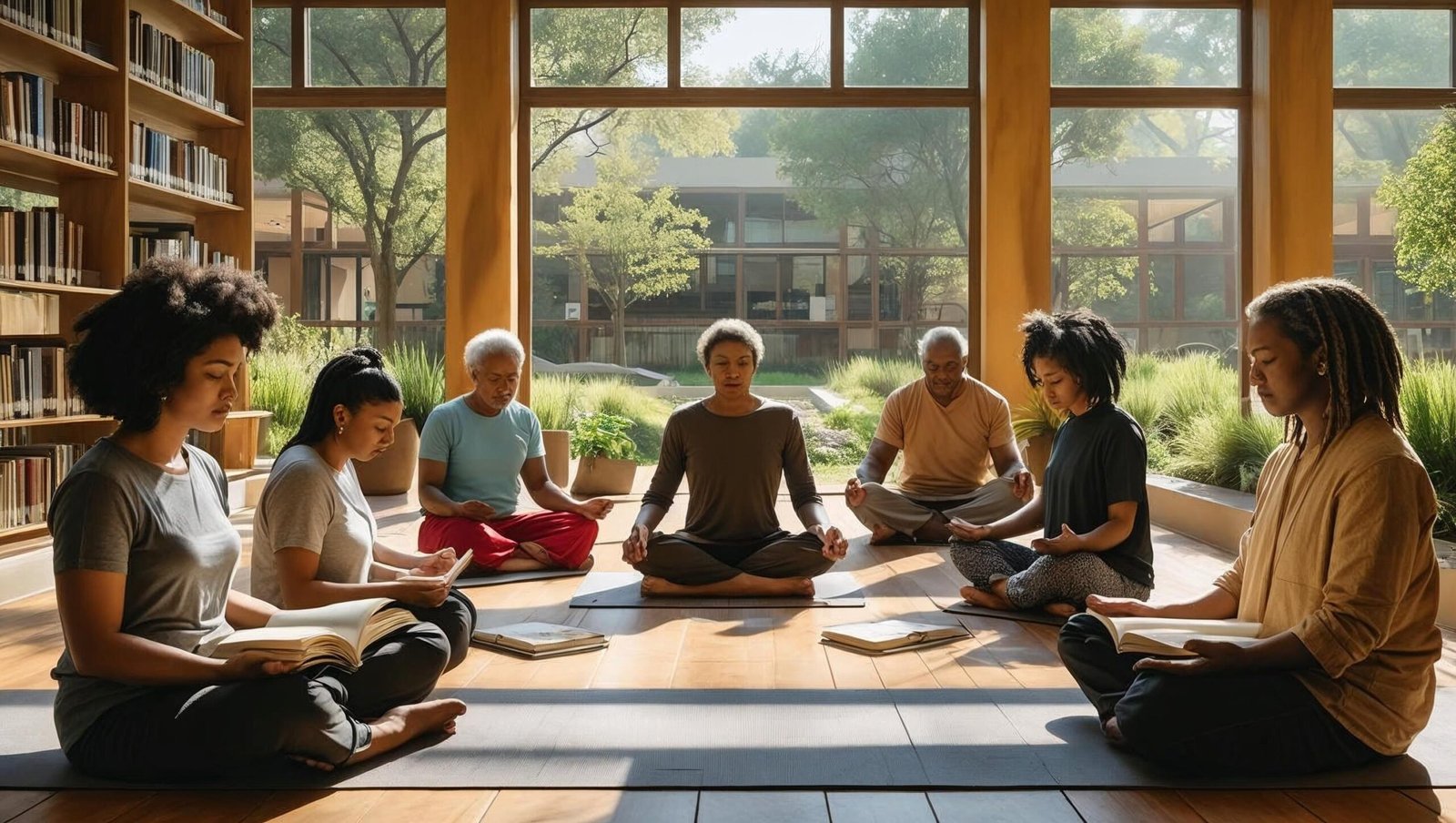 diverse readers reflecting and journaling in a growth-oriented space