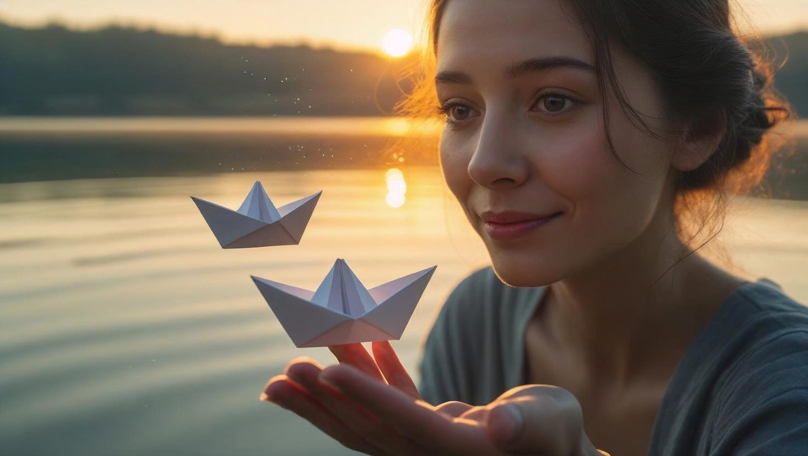 Woman releasing a paper boat at sunrise, symbolizing emotional release in The Mountain Is You by Brianna Wiest
