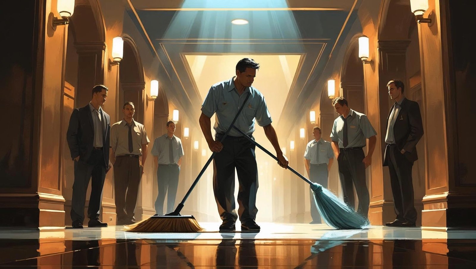 A janitor working with pride, representing leadership beyond titles