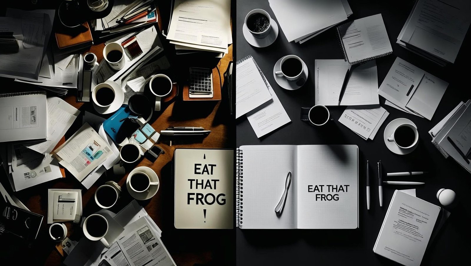 Cluttered desk vs focused workspace inspired by Eat That Frog by Brian Tracy