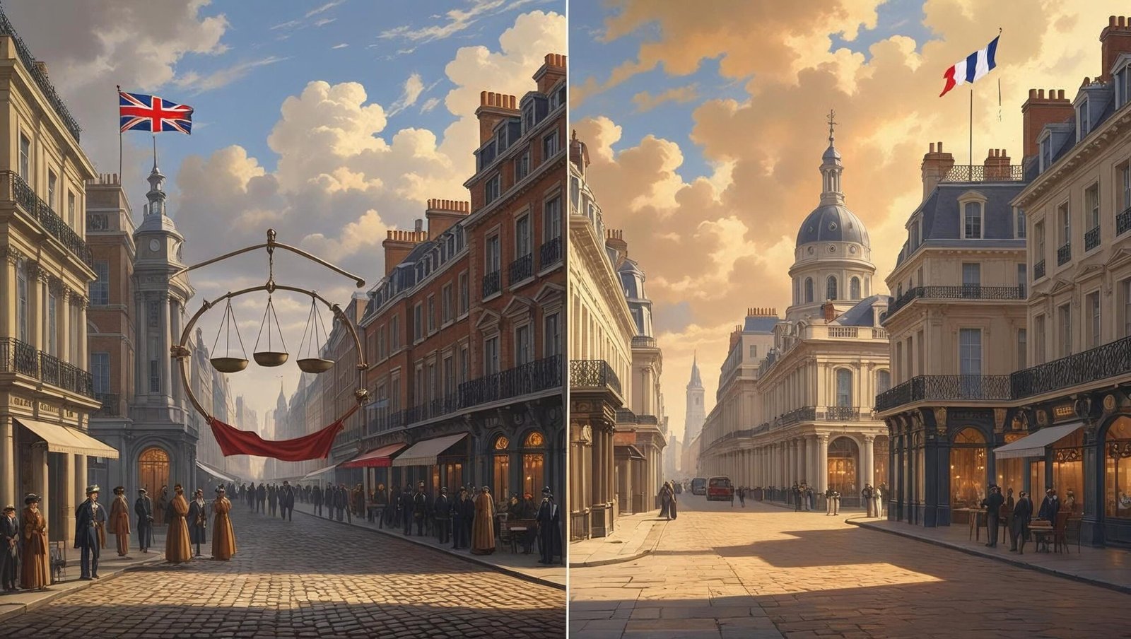 Contrasting cities of London and Paris in A Tale of Two Cities Book Review with justice and revolution symbols.