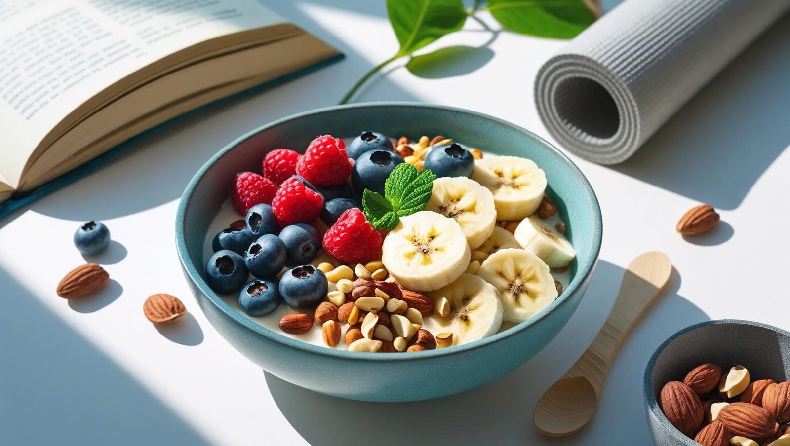 Healthy breakfast and yoga mat for body-mind wellness.