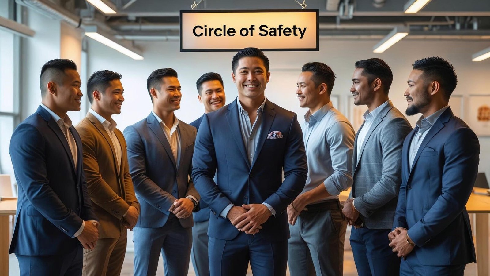 “Collaborative team inside the Circle of Safety – Leaders Eat Last concept”Title: “Circle of Safety in Action”