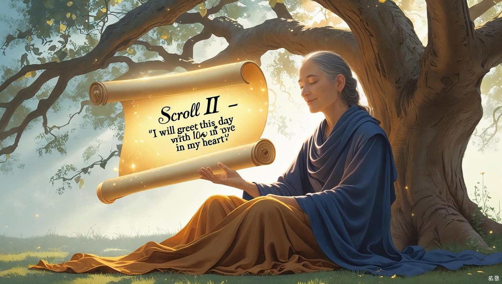 "Meditative wisdom scene featuring Scroll II from The Greatest Salesman in the World"