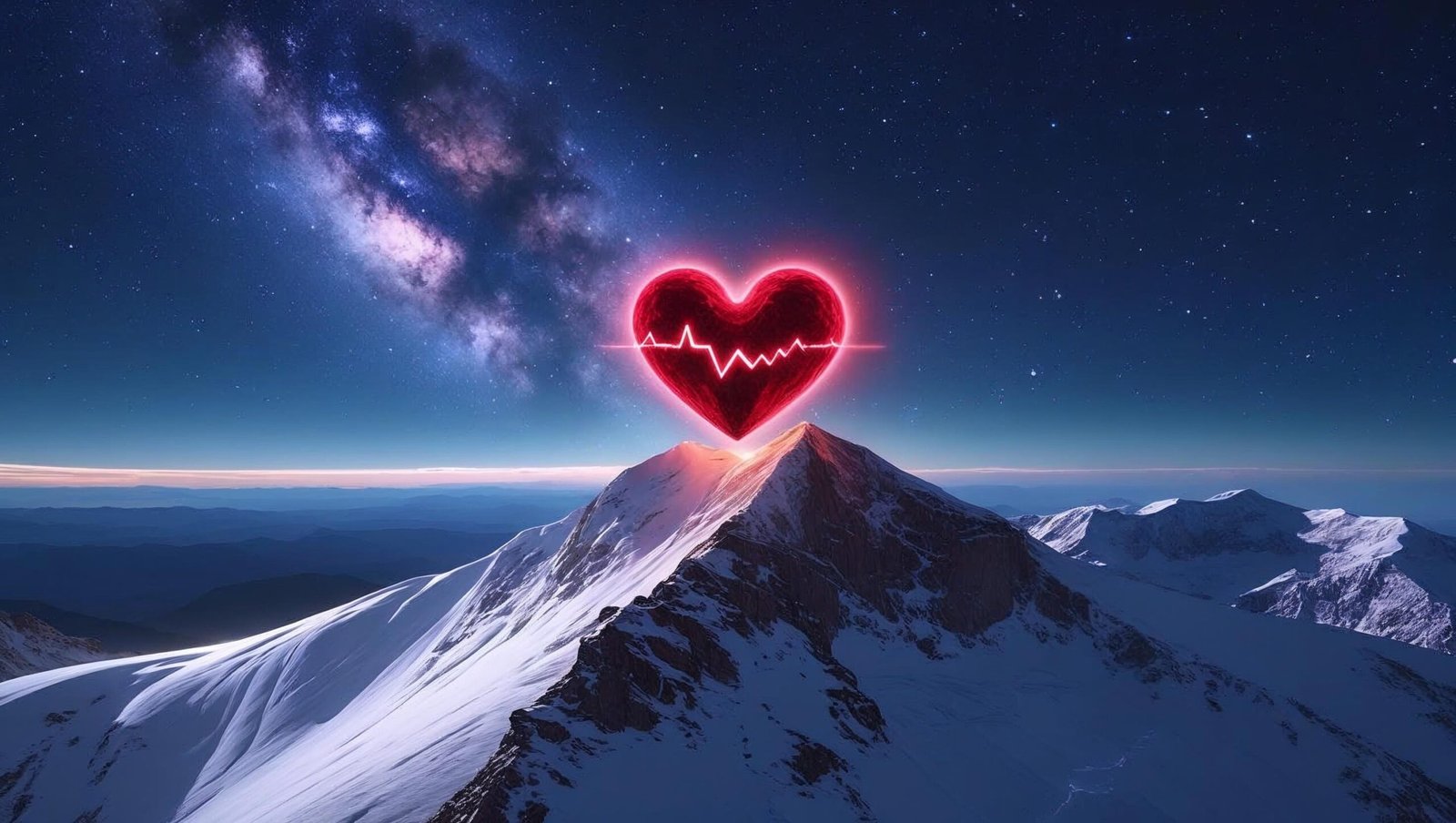 Glowing heart on mountain peak under night sky, representing awakening in The Mountain Is You by Brianna Wiest