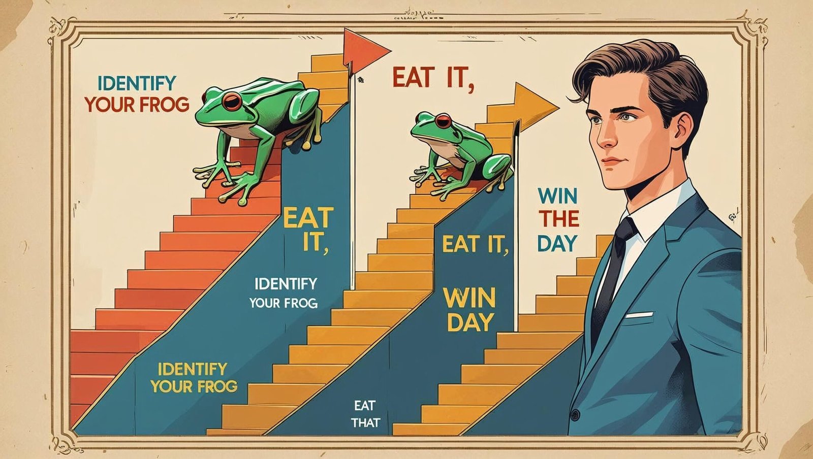 Timeline showing productivity growth using frog-eating steps