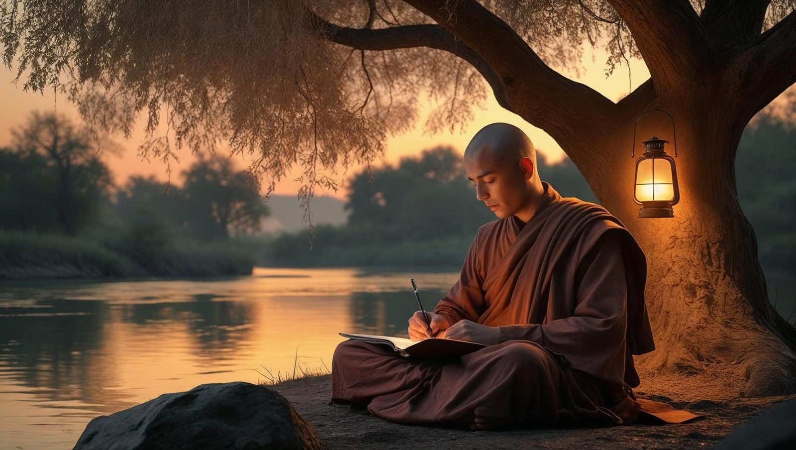 the monk who sold his ferrari monk journaling under lantern tree by peaceful river at dusk