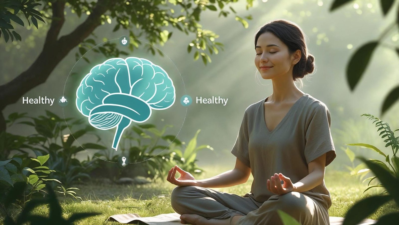 Meditation and healthy gut-brain icons for mind-gut connection.