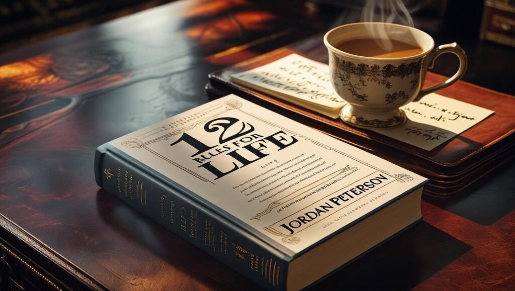 hardcover book 12 Rules for Life by Jordan Peterson on desk with coffee and notes