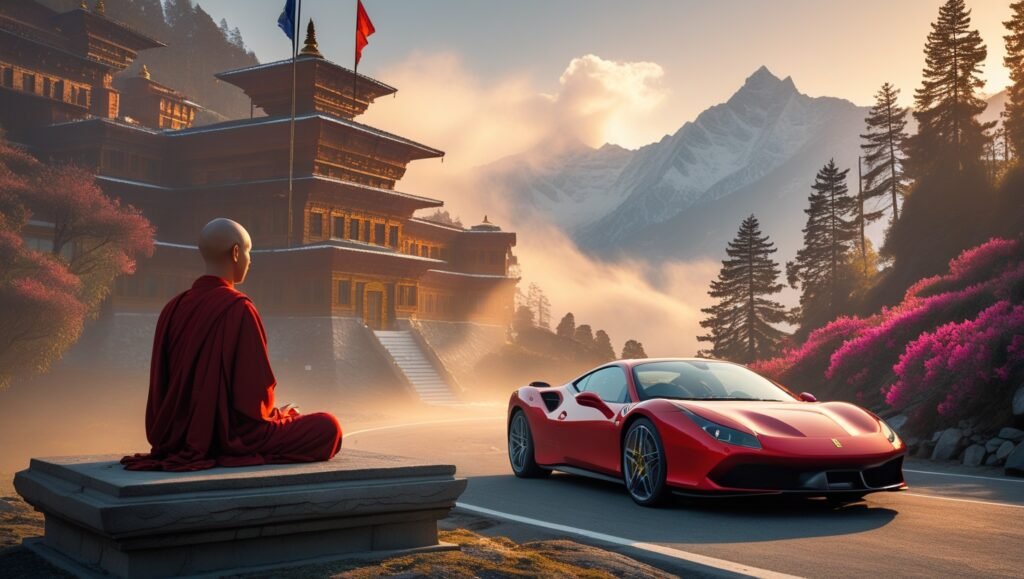 the monk who sold his ferrari featured image showing monk and red sports car in peaceful Himalayan setting