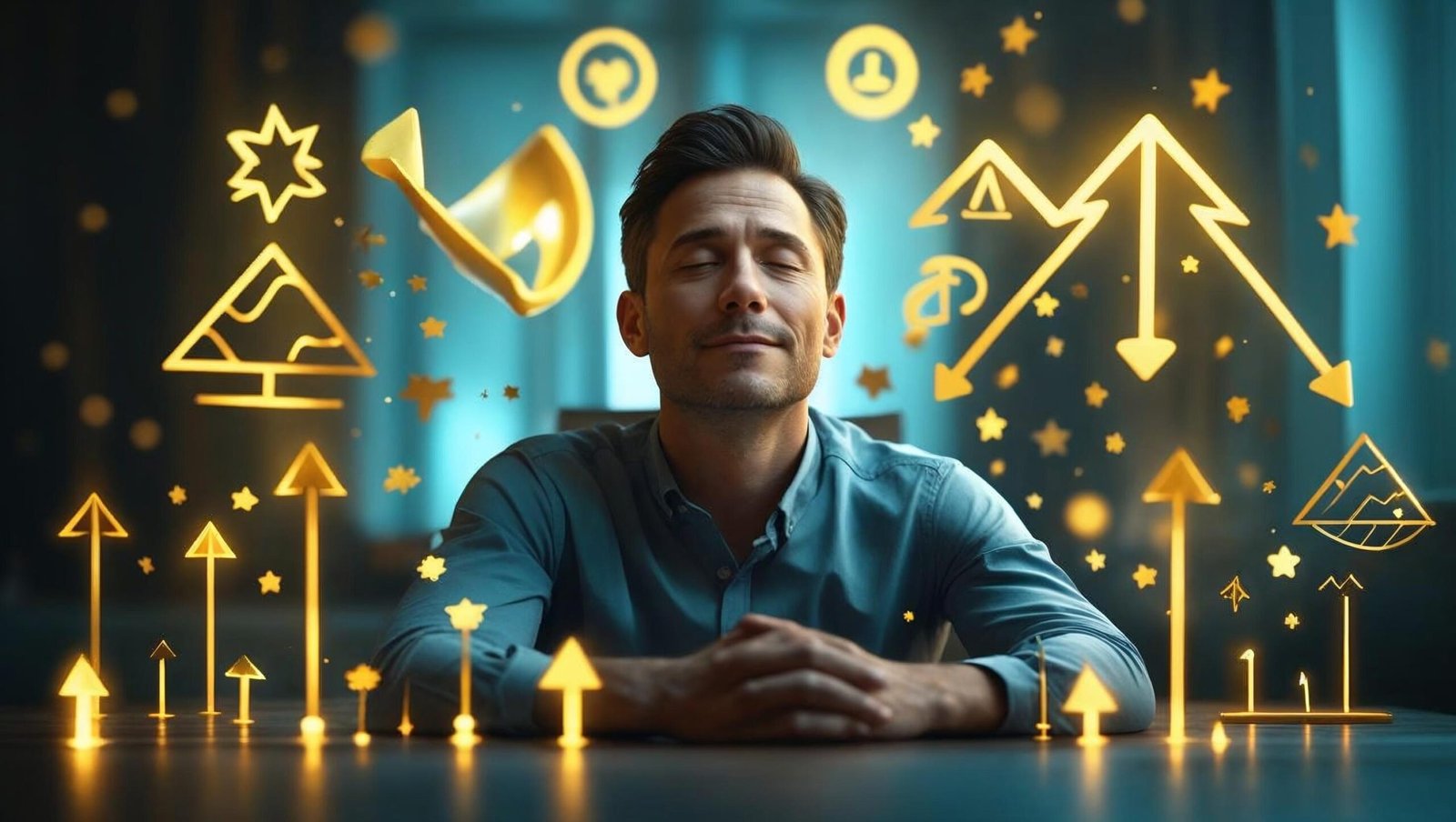 Person visualizing future success with glowing symbols from Becoming Supernatural.