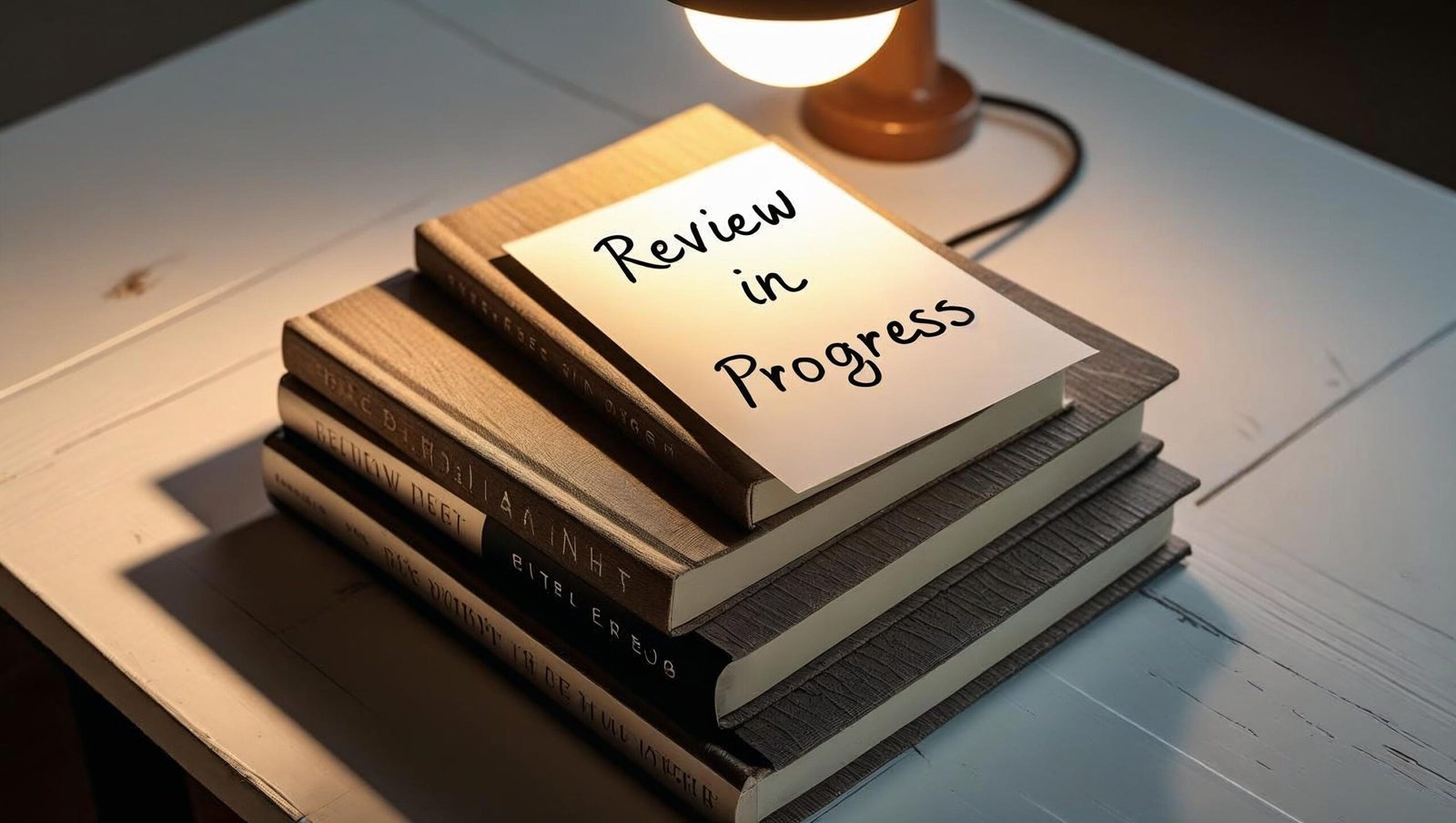 Self-help books with review notes on a wooden desk