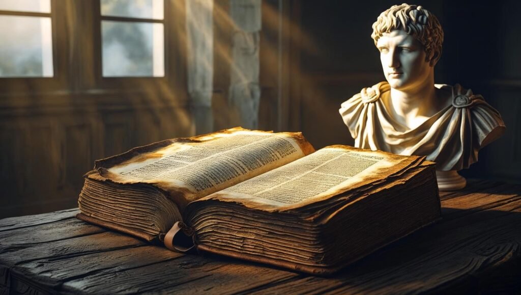 The Daily Stoic by Ryan Holiday cover on rustic table with ancient Roman bust