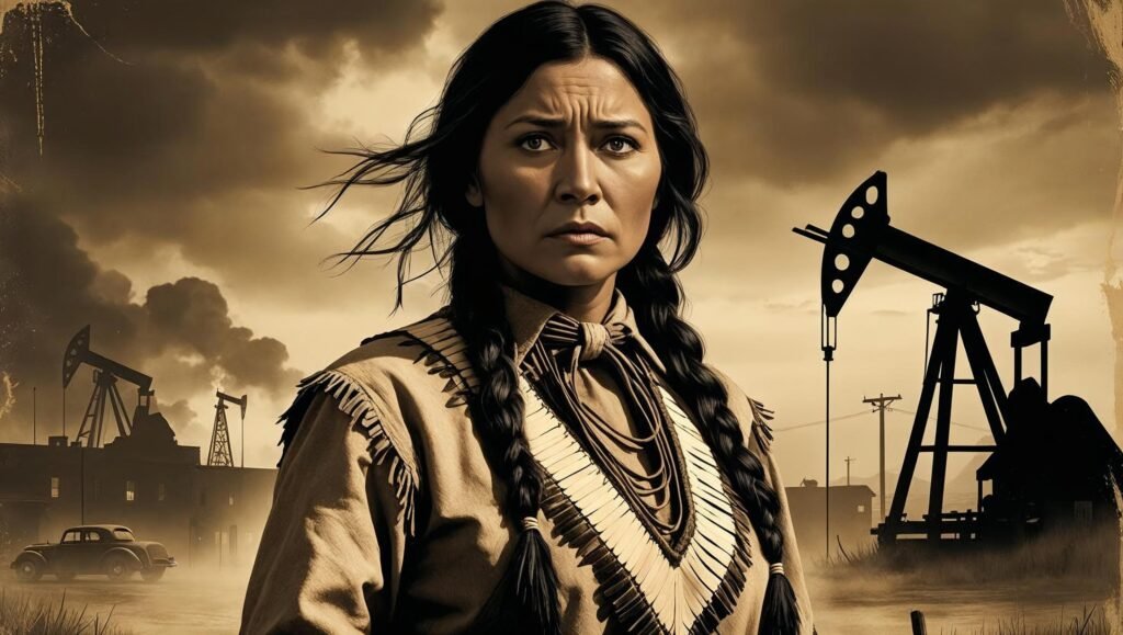 Killers of the Flower Moon featured image with Osage woman and oil backdrop