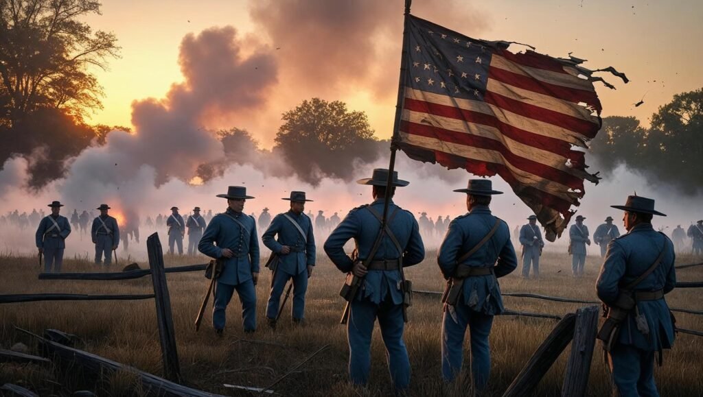 The Demon of Unrest by Erik Larson illustrated Civil War battlefield at twilight
