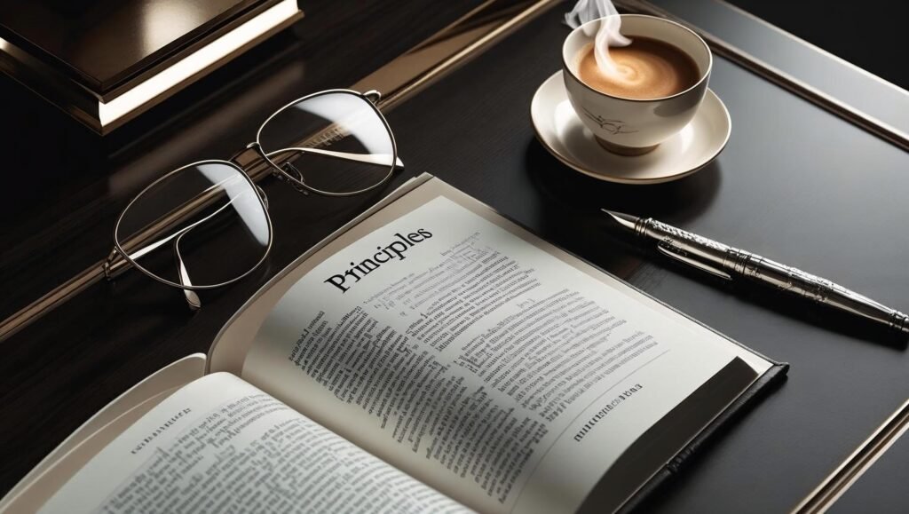 Principles by Ray Dalio featured cover with workspace setting