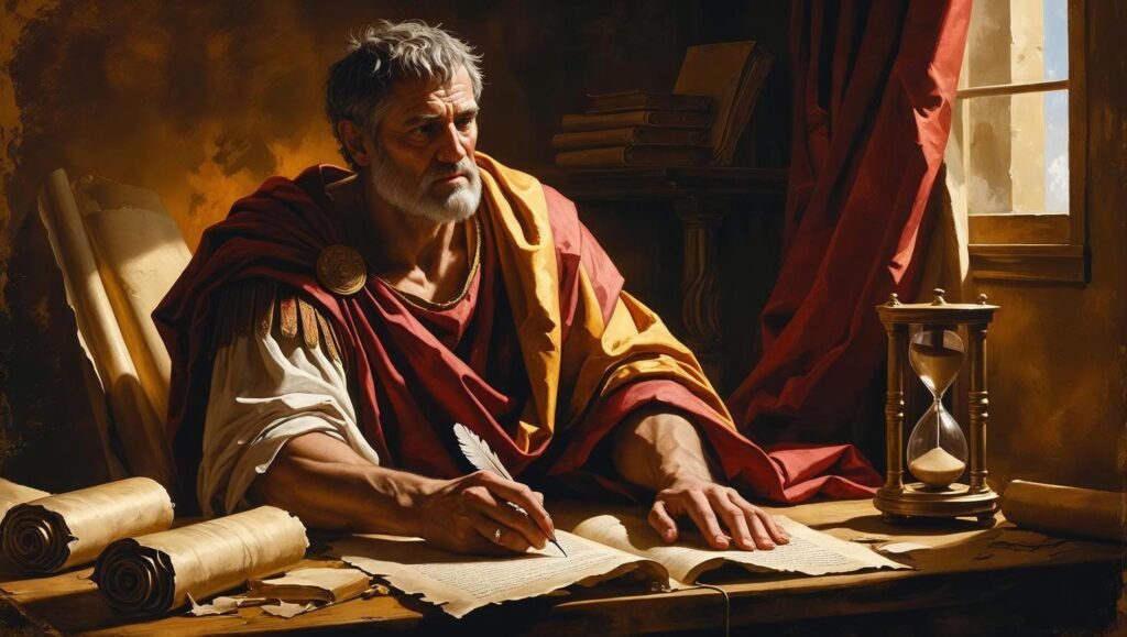 On the Shortness of Life by Seneca featured image depicting a Stoic philosopher in solitude