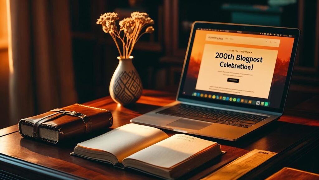 200th Blogpost Celebration featured image with writing desk and blog screen