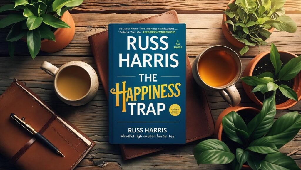 The Happiness Trap by Russ Harris book flat lay on wooden table with journal and tea